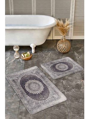 Rem Home Remhome Krem Zemin Hereke Motifli Dokuma Halı Etnik Motifler Eskitme Motifli 2'li Banyo Mutfak Paspas Takımı Takım Banyo Paspası