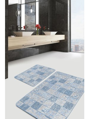 Rem Home Remhome Mavi - Gri Zeminde Örgü Motifli Patchwork Eskitme Motifli Sade Şık 2'li Banyo Mutfak Paspas Takımı Takım Banyo Paspası