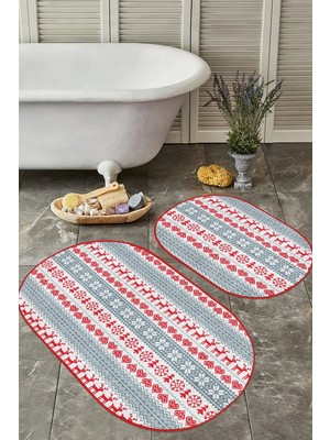 Rem Home Remhome Mery Christmas Temalı Kanaviçe Motifli 2'li Oval Kaymaz Tabanlı Banyo & Mutfak Paspas Takımı Takım Banyo Paspası