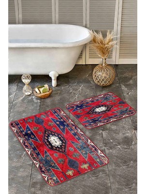 Rem Home Remhome Kırmızı Zeminde Türkmen Motifli Geleneksel Desenli Eskitme Etnik Motifler 2'li Banyo Paspas Takımı Takım Banyo Paspası