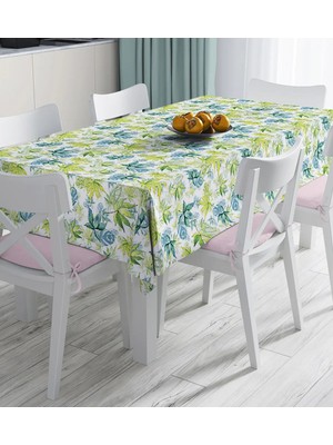 Rem Home Remhome Beyaz Zemin Üzerinde Yeşil Renkli Yaprak Desenli Dijital Baskılı Masa Örtüsü 90 x 90 cm