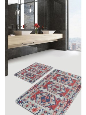 Rem Home Remhome Kırmızı Zeminde Kilim Motifli Geleneksel Avangarde Etnik Motifler 2'li Banyo & Mutfak Paspas Takımı Takım Banyo Paspası