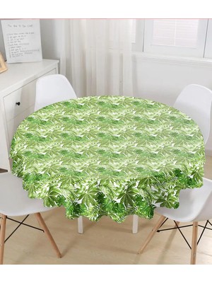 Rem Home Remhome Beyaz Zemin Üzerinde Yeşil Yaprak Desenli Yuvarlak Masa Örtüsü - Çap 140CM 140 x 140 cm
