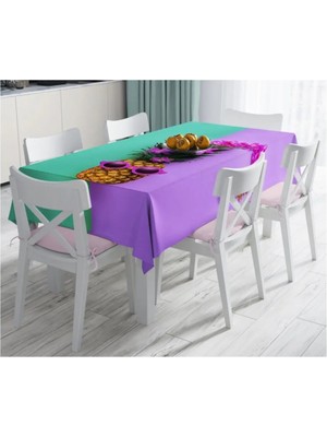 Rem Home Remhome Yeşil ve Mor Ananas Temalı Özel Tasarım Leke Tutmaz Masa ÖRTÜSÜ-120X140 cm