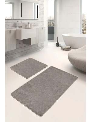 Rem Home Remhome 2'li Set Kahve Zeminde Geometrik Motifli Örgü Eskitme Motifli Geometrik 2'li Banyo Paspas Takımı Takım Banyo Paspası