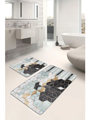 Rem Home Remhome 2'li Set Gold- Siyah Zeminde Mozaik Motifli Geometrik Geometrik Klasik 2'li Banyo Paspas Takımı Takım Banyo Paspası