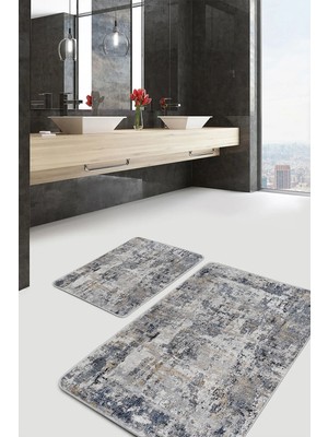 Rem Home Remhome Gri - Füme Zeminde Eskitme Motifli Duvar Eskitme Motifli Vintage 2'li Banyo & Mutfak Paspas Takımı Takım Banyo Paspası