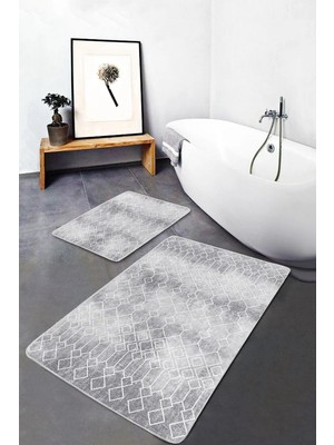 Rem Home Remhome 2'li Set Gri Zeminde Etnik Motifli Geleneksel Geometrik Eskitme Motifli 2'li Banyo Paspas Takımı Takım Banyo Paspası