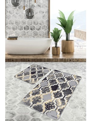 Rem Home Remhome Siyah - Gri Zeminde Morrocan Motifli Antik Geometrik Eskitme Motifli 2'li Banyo Mutfak Paspas Takımı Takım Banyo Paspası