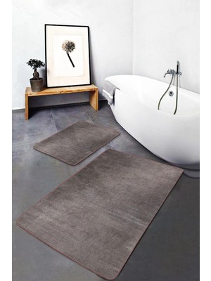Rem Home Remhome Kahverengi Zeminde Dokuma Motifli Vintage Eskitme Motifli Sade Şık 2'li Banyo Mutfak Paspas Takımı Takım Banyo Paspası