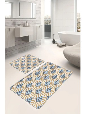 Rem Home Remhome Hardal - Mavi Zeminde Patchwork Motifli Kilim Geometrik Sade & Şık 2'li Banyo & Mutfak Paspas Takımı Takım Banyo Paspası