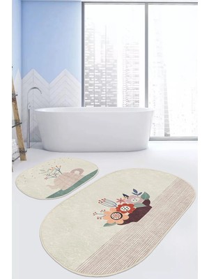 Rem Home Remhome Vazo Çiçek Demetleri Özel Tasarımlı 2'li Oval Kaymaz Tabanlı Banyo & Mutfak Paspas Takımı Takım Banyo Paspası