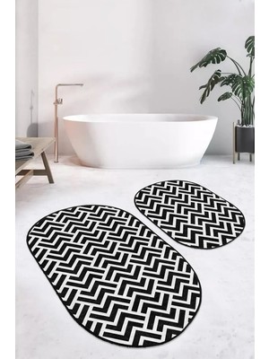 Rem Home Remhome Siyah Beyaz Geeometrik Zigzaglar Dijital Baskılı 2'li Oval Kaymaz Tabanlı Banyo & Mutfak Paspas Seti Takım Banyo Paspası