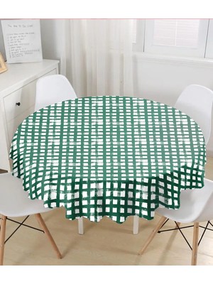 Rem Home Remhome Koyu Yeşil Zeminde Geometrik Kare Motifli Yuvarlak Masa Örtüsü - Çap 140CM 140 x 140 cm