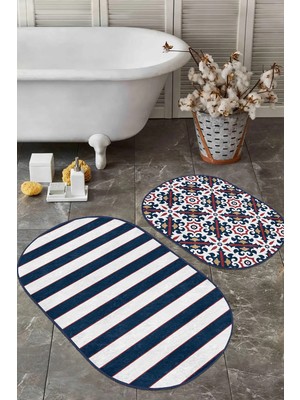 Rem Home Remhome Lacivert Geometrik Çizim Düz Çizgili 2'li Oval Banyo Paspas Takımı & Mutfak Paspas Takımı Takım Banyo Paspası