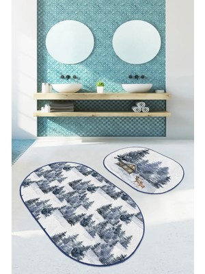Rem Home Remhome Kış Temalı Çam Ağaçları Dijital Baskılı 2'li Oval Kaymaz Tabanlı Banyo & Mutfak Paspas Takımı Takım Banyo Paspası