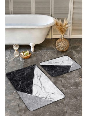 Rem Home Remhome 2'li Set Siyah - Gri Zeminde Mermer Motifli Klasik Geometrik Sade & Şık 2'li Banyo Paspas Takımı Takım Banyo Paspası
