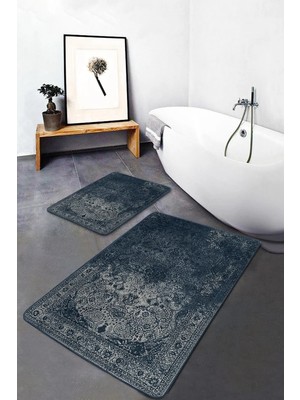 Rem Home Remhome 2'li Set Lacivert Zeminde Antik Motifli Dokuma Eskitme Motifli Avangarde 2'li Banyo Paspas Takımı Takım Banyo Paspası