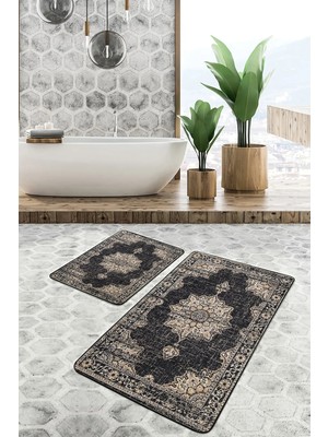 Rem Home Remhome Siyah - Krem Zeminde Geleneksel Motifli Osmanlı Avangarde Eskitme Motifli 2'li Banyo Paspas Takımı Takım Banyo Paspası