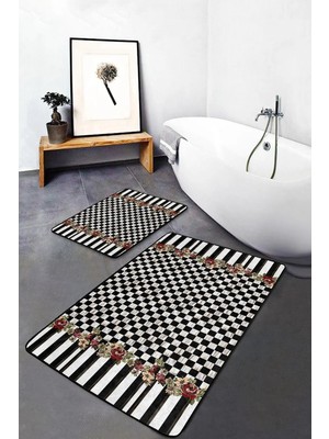Rem Home Remhome 2'li Siyah Zeminde Damalı Motifli Çiçek Desenli Geometrik Floral 2'li Banyo & Mutfak Paspas Takımı Takım Banyo Paspası