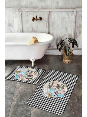 Rem Home Remhome Siyah Beyaz Ekose Motifli 2'li Mutfak Paspas Takımı Takım Banyo Paspası