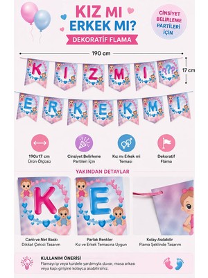 Dodomar Flama Cinsiyet Belirleme Kız Mı Erkek Mi 190X17 cm Baby Shower Partisi Süsü Duvar Dekorasyonu