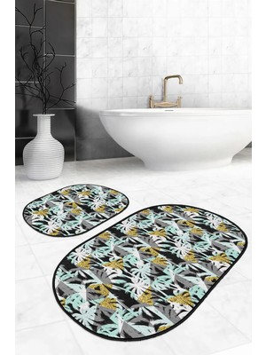 Rem Home Remhome Renkli Gold Detaylı Palmiye Ağaçları Özel Tasarım 2'li Oval Kaymaz Taban Banyo & Mutfak Paspas Seti Takım Banyo Paspası