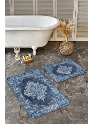 Rem Home Remhome 2'li Set Mavi Zeminde Göbekli Halı Motifli Kilim Desenli Avangarde Klasik 2'li Banyo Paspas Takımı Takım Banyo Paspası
