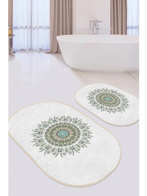 Rem Home Remhome Tüy Motifli Mandala Tasarımlı Dijital Baskılı 2'li Oval Kaymaz Tabanlı Banyo & Mutfak Paspas Takımı Takım Banyo Paspası