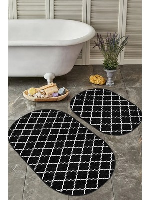 Rem Home Remhome Siyah Zemin Beyaz Ogea Dijital Baskılı 2'li Oval Kaymaz Tabanlı Banyo & Mutfak Paspas Takımı Takım Banyo Paspası