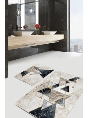 Rem Home Remhome Krem Zeminde Geometrik Motifli Mermer Desenli Geometrik Klasik 2'li Banyo & Mutfak Paspas Takımı Takım Banyo Paspası