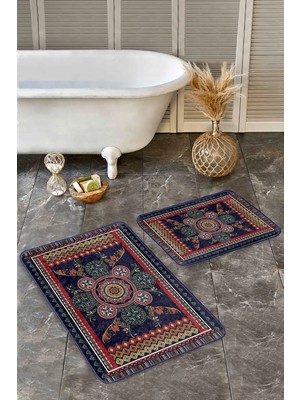 Rem Home Remhome 2'li Set Lacivert Zeminde Antik Motifli Dokuma Halı Avangarde Vintage 2'li Banyo Paspas Takımı Takım Banyo Paspası
