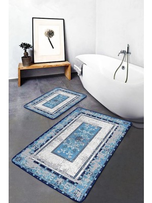 Rem Home Remhome 2'li Set Mavi Zeminde Eskitme Motifli Kilim Desenli Eskitme Motifli Vintage 2'li Banyo Paspas Takımı Takım Banyo Paspası