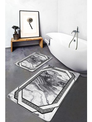 Rem Home Remhome Siyah - Füme Zeminde Dokuma Halı Motifli Mermer Klasik Sade & Şık 2'li Banyo & Mutfak Paspas Takımı Takım Banyo Paspası