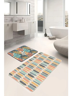 Rem Home Remhome Renkli Tropik Yaprak Tasarımlı Dijital Baskılı 2'li Kaymaz Tabanlı Banyo & Mutfak Paspas Takımı Takım Banyo Paspası