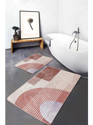 Rem Home Remhome 2'li Set Kremit Zeminde Çizgili Motifli Geometrik Desenli Geometrik Klasik 2'li Banyo Paspas Takımı Takım Banyo Paspası