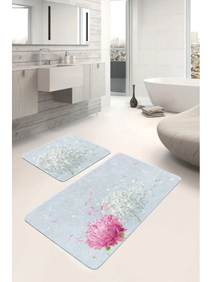 Rem Home Remhome Mavi Zemin Ortanca Çiçekleri Dijital Baskılı 2'li Kaymaz Tabanlı Banyo & Mutfak Paspas Takımı Takım Banyo Paspası