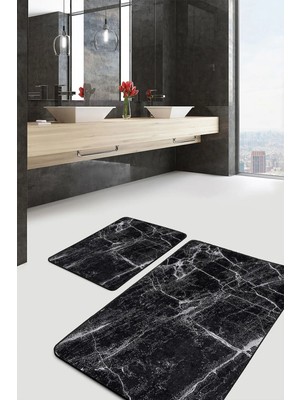 Rem Home Remhome Siyah Zeminde Mermer Motifli Eskitme Desenli Sade & Şık Klasik 2'li Banyo & Mutfak Paspas Takımı Takım Banyo Paspası