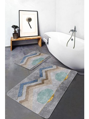 Rem Home Remhome 2'li Gri Zeminde Geometrik Motifli Zikzak Desenli Geometrik Klasik 2'li Banyo & Mutfak Paspas Takımı Takım Banyo Paspası
