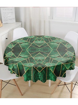 Rem Home Remhome Yeşil Zemin Gold Detaylı Geometrik Tasarımlı Yuvarlak Masa Örtüsü - Çap 140CM 140 x 140 cm