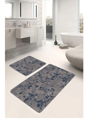 Rem Home Remhome 2'li Set Füme Zeminde Sanat Motifli Lacivert Boya Eskitme Motifli Modern 2'li Banyo Paspas Takımı Takım Banyo Paspası