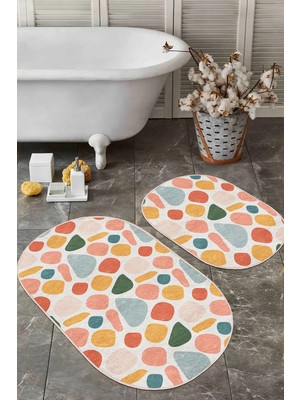 Rem Home Remhome Renkli Oval Çizimli Dijital Baskılı 2'li Oval Kaymaz Tabanlı Banyo & Mutfak Paspas Takımı Takım Banyo Paspası