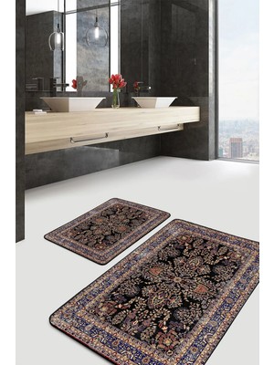Rem Home Remhome Siyah Zeminde Geleneksel Motifli Etnik Eskitme Motifli Avangarde 2'li Banyo & Mutfak Paspas Takımı Takım Banyo Paspası