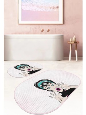Rem Home Remhome Şaşkın Pop-Art Dijital Baskılı 2'li Oval Kaymaz Tabanlı Banyo & Mutfak Paspas Takımı Takım Banyo Paspası