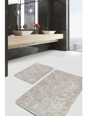 Rem Home Remhome Gri - Bej Zeminde Örgü Motifli Etnik Desenli Sade & Şık Vintage 2'li Banyo & Mutfak Paspas Takımı Takım Banyo Paspası