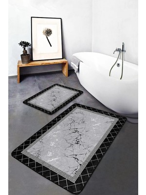 Rem Home Remhome 2'li Set Mermer Zeminde Çerçeveli Motifli Metalik Desenli Geometrik Klasik 2'li Banyo Paspas Takımı Takım Banyo Paspası