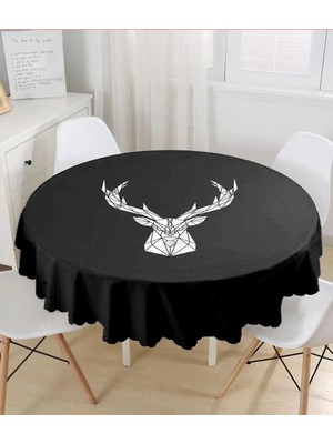 Rem Home Remhome Siyah Zeminde Mermer Motifli Geyik Tasarımlı Yuvarlak Masa Örtüsü - Çap 140CM 140 x 140 cm