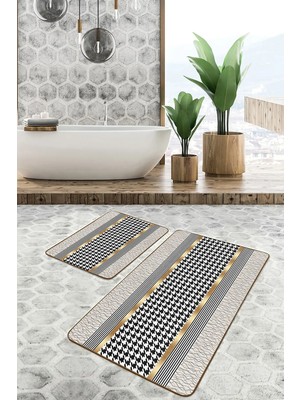 Rem Home Remhome Gold - Siyah Zeminde Geometrik Motifli Kazayağı Geometrik Klasik 2'li Banyo & Mutfak Paspas Takımı Takım Banyo Paspası