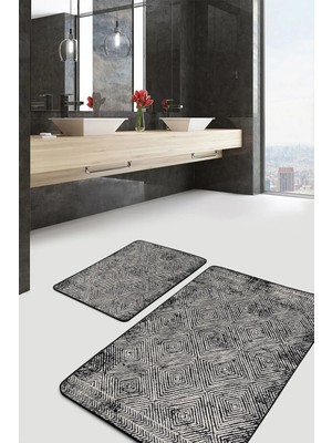 Rem Home Remhome Ekru - Siyah Zeminde Kilim Motifli Dokuma Halı Geometrik Vintage 2'li Banyo & Mutfak Paspas Takımı Takım Banyo Paspası