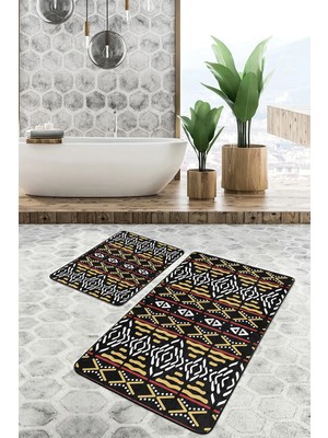 Rem Home Remhome Siyah Zeminde Etnik Motifli Geometrik Desenli Geometrik Vintage 2'li Banyo & Mutfak Paspas Takımı Takım Banyo Paspası